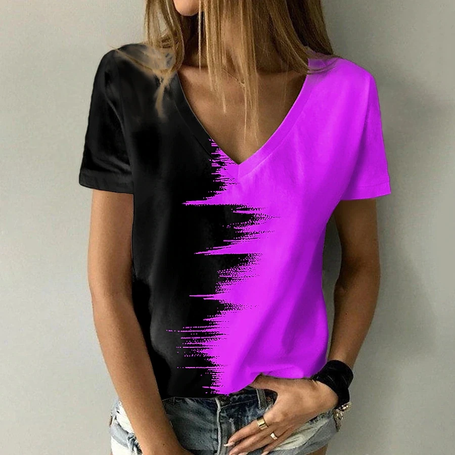 Summer Women\'s Fashion Abstract 3D Printed Painting T Shirt Color Block Print V Neck Basic Tops Loose Shirt fashion Pullover