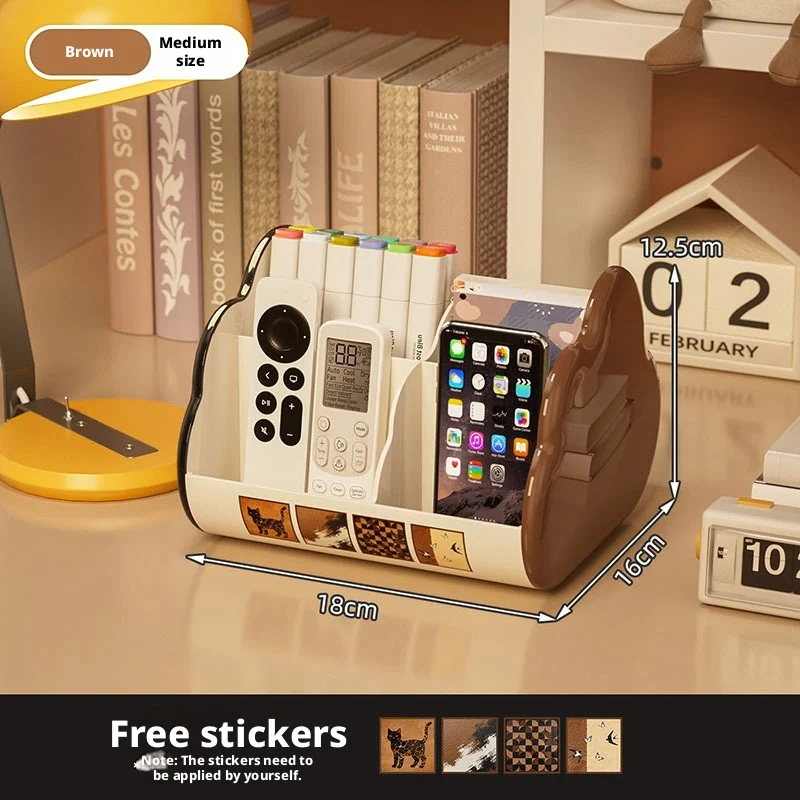 Cute Multi-compartment Desktop Organizer, Cat-Ear Shaped Pen Holder for Stationery Cosmetics with Free Stickers