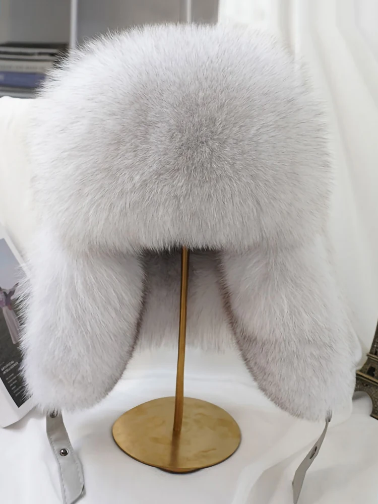 Winter 100% Echtes Silberfuchsfell Bombermütze Waschbärpelz Mütze Neue Herren-Ushanka Trapper Russische Herren-Skimütze Echte Lederkappen – Detail 4