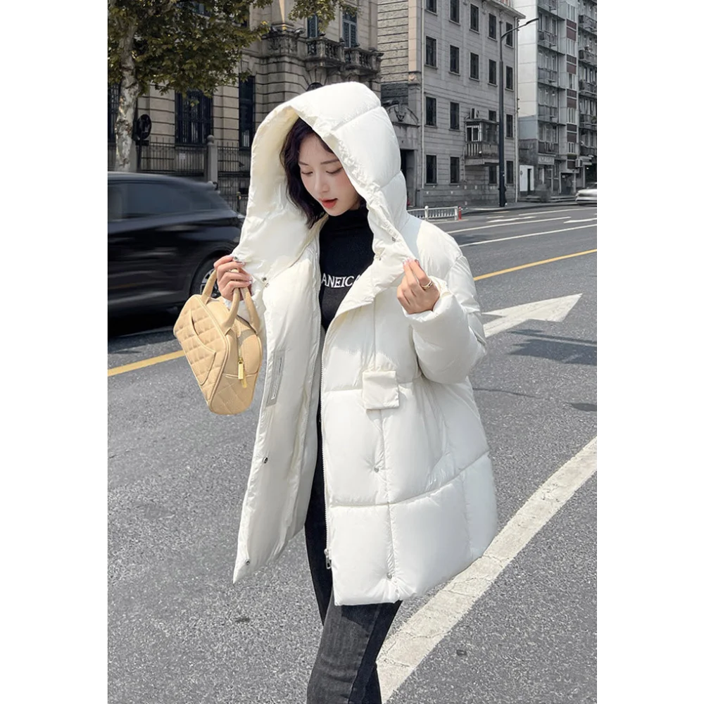 Women\'s Winter Coats New Fashion Collar and Hood Down Jacket 90% White Duck Down Mid-Length Thick Warm Loose Casual Puffer Coat