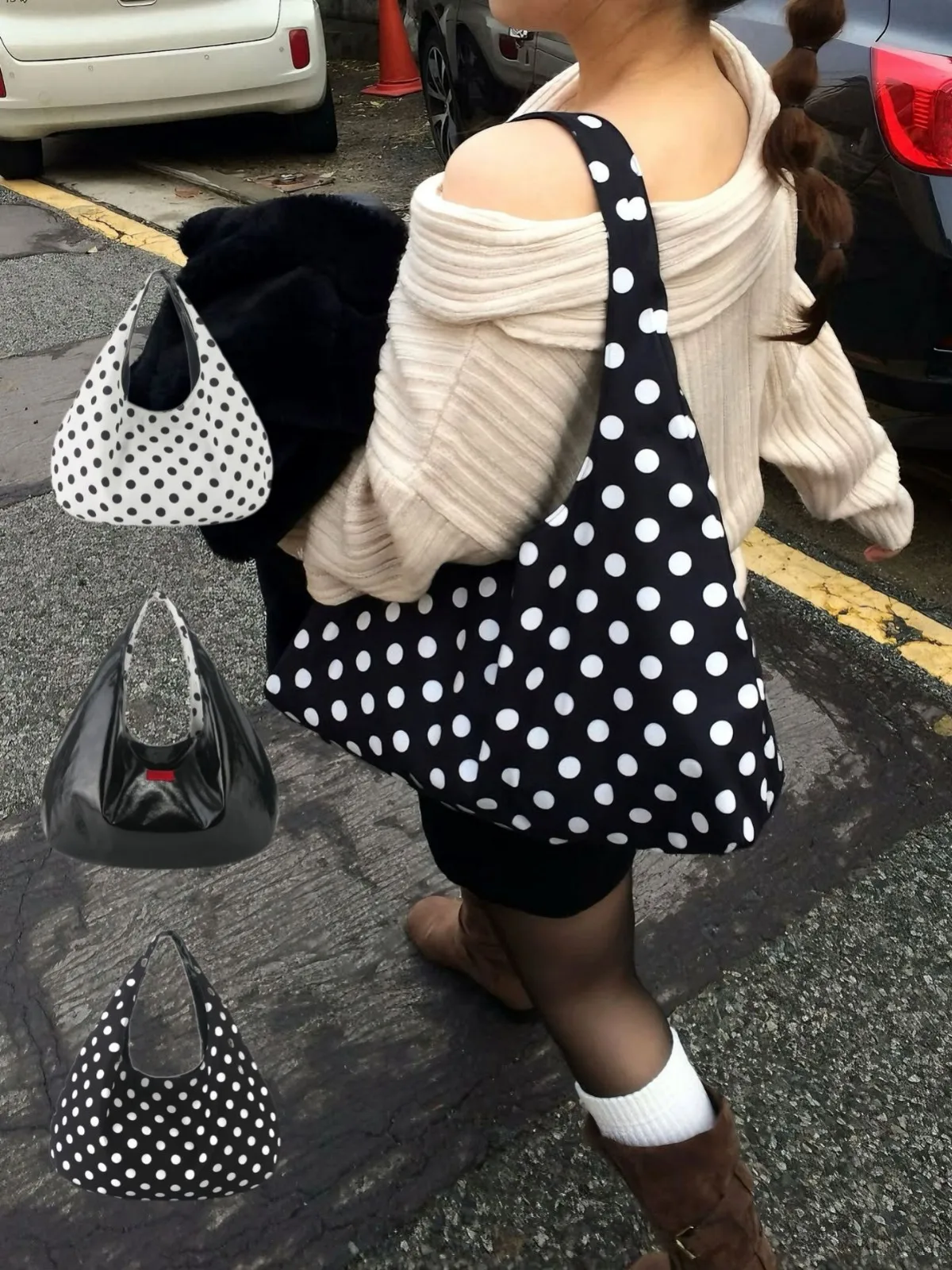 

FIRMRANCH Minority Trend Classic Black And White Polka Dot Design Double-Sided Use Ladies' Single Shoulder Armpit Bag Handbag