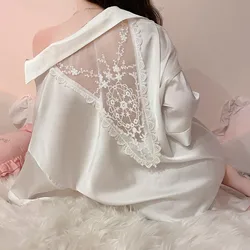 Sexy Lace Shirt Nightdress Hollow Back Women Sleepwear Loose Home Dress Silky Satin Nightshirt Turn Down Collar Loungewear