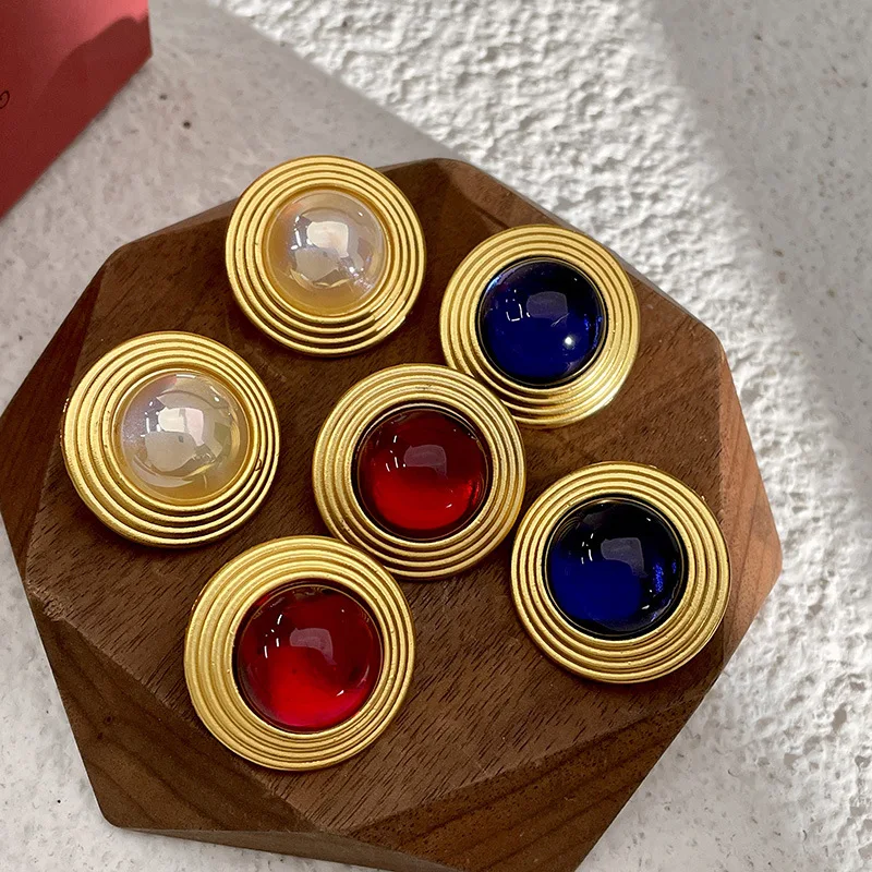 Colorful Pearl Red Blue Resin Bead Vintage Metal Circle Earrings for Women Girl Party Jewelry Gifts HUANZHI 2023 NEW  INS