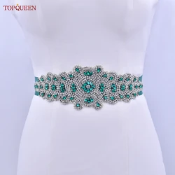 Topqueen-女性のためのグリーンラインストーンイブニングドレス,装飾的なラインストーン,イブニングドレス,結婚式のアクセサリー