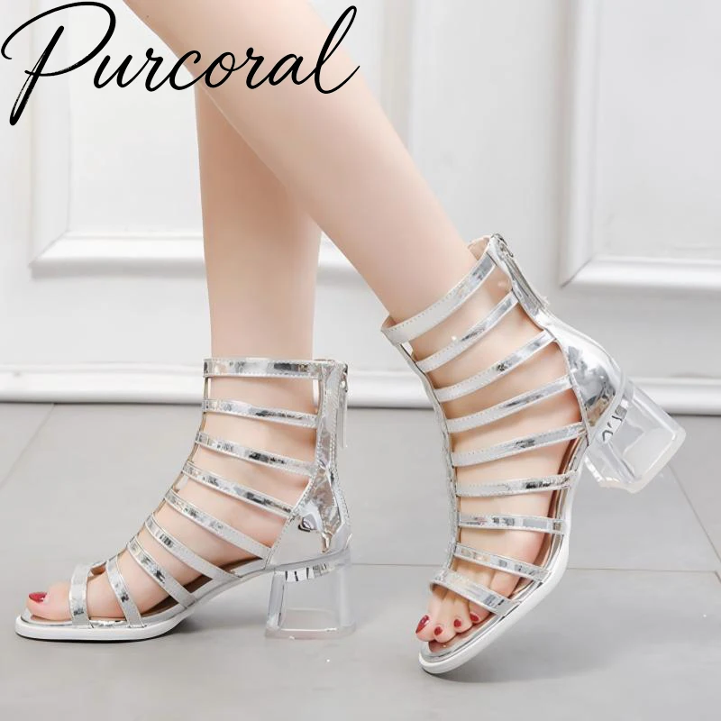 Sandales bottes d'été 2026 pour femme à bout ouvert, multi-brides, découpées, talons carrés transparents en cristal, fermeture éclair arrière, pour soirée