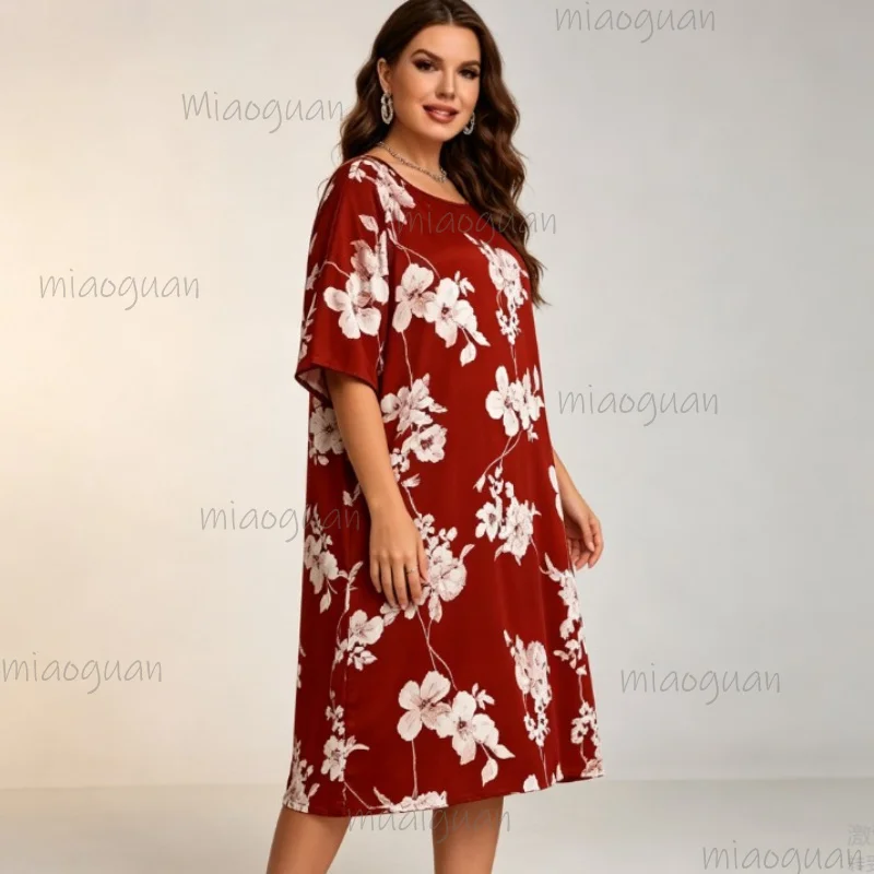 Women's Large Size Floral Print Home Cloths Casual Short Sleeve Round Neck Elastic Sleepwear Summer Comfortable Dress Pajama