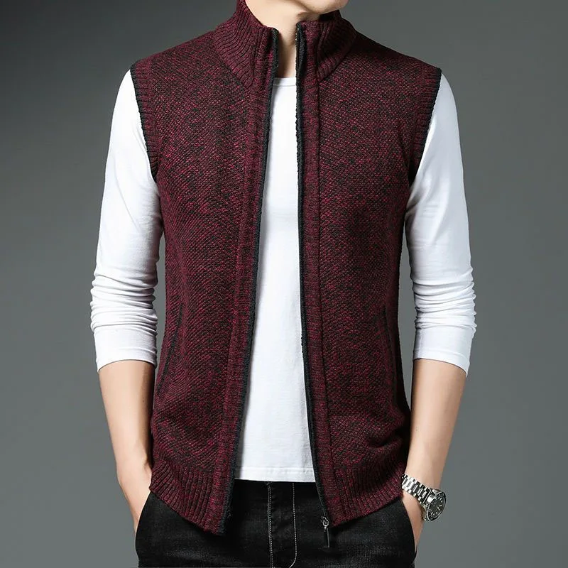 2023 New Autumn and Winter Fashion Versatile Knitted Sleeveless Sweetheart Vest Mock Neck Style Casual Men's Zipper Cardigan