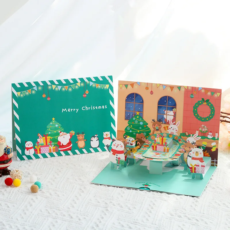 

Creative Multicolor Christmas 3D Greeting Card with Envelope Merry Christmas Postcard Pop Up Xams Dinner Blessing Message Card