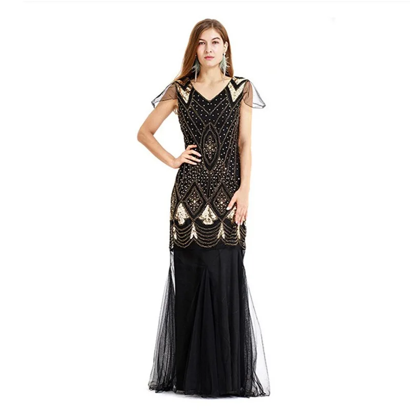 1920s Fashion Sequin Feather Patchwork Side Slit Women's Maxi Dress Summer Female One  Dresses Ladies Party Evening Vestidos