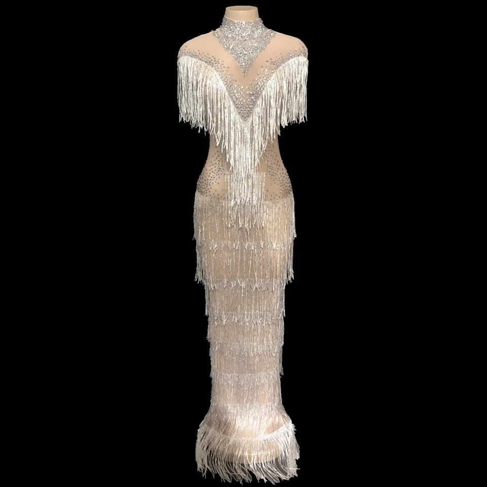 

Fashion Rhinestones Fringes Dress Women Evening Birthday Celebrate Tassel Party Dresses Nightclub Stage female Singer Long Dress