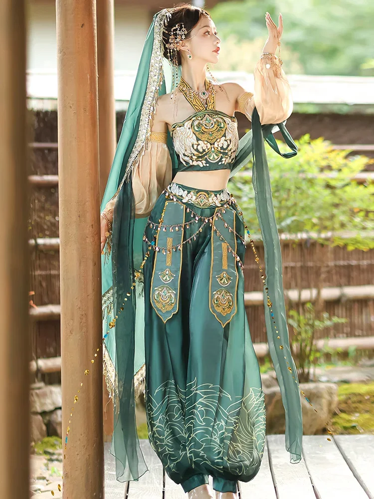 Guo Huang-disfraz de princesa voladora para niñas, traje de baile Hanfu de estilo exótico con bordado verde, Conjunto de 6 piezas, traje chino antiguo