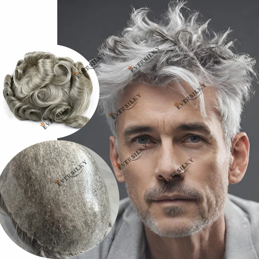 Undetectable Grey 1B80 1B65 Old Man Hairpieces Durable Thin Skin Remy Human Hair Natural Hairline Microskin PU Men Toupee Capill