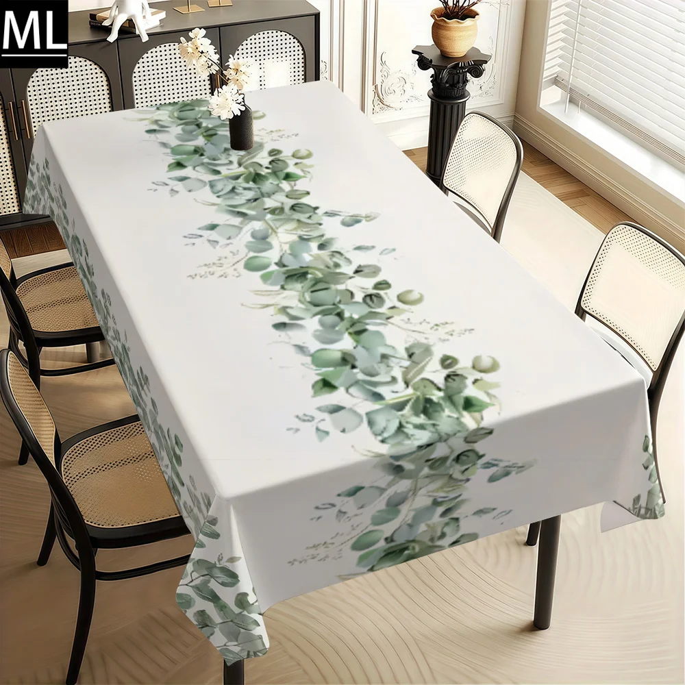 1pc Party Tablecloth/Dining Table Set - Simple Natural Style - Eucalyptus Leaf Small Floral Pattern Tablecloth - White Backgroun