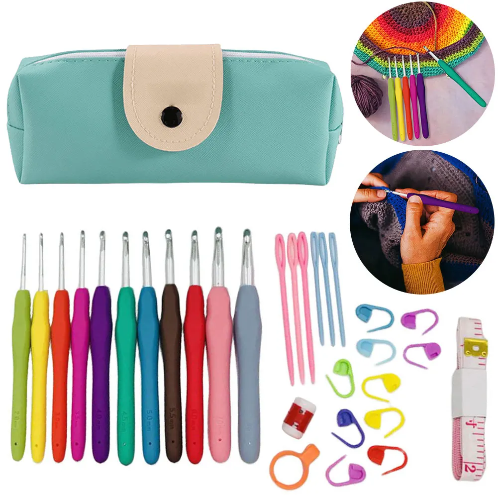 11PCS Bunte Gummigriff Stricknadeln Kit Mit Nähklammern Kunststoffnadeln Edelstahl Schere Häkelnadeln Set