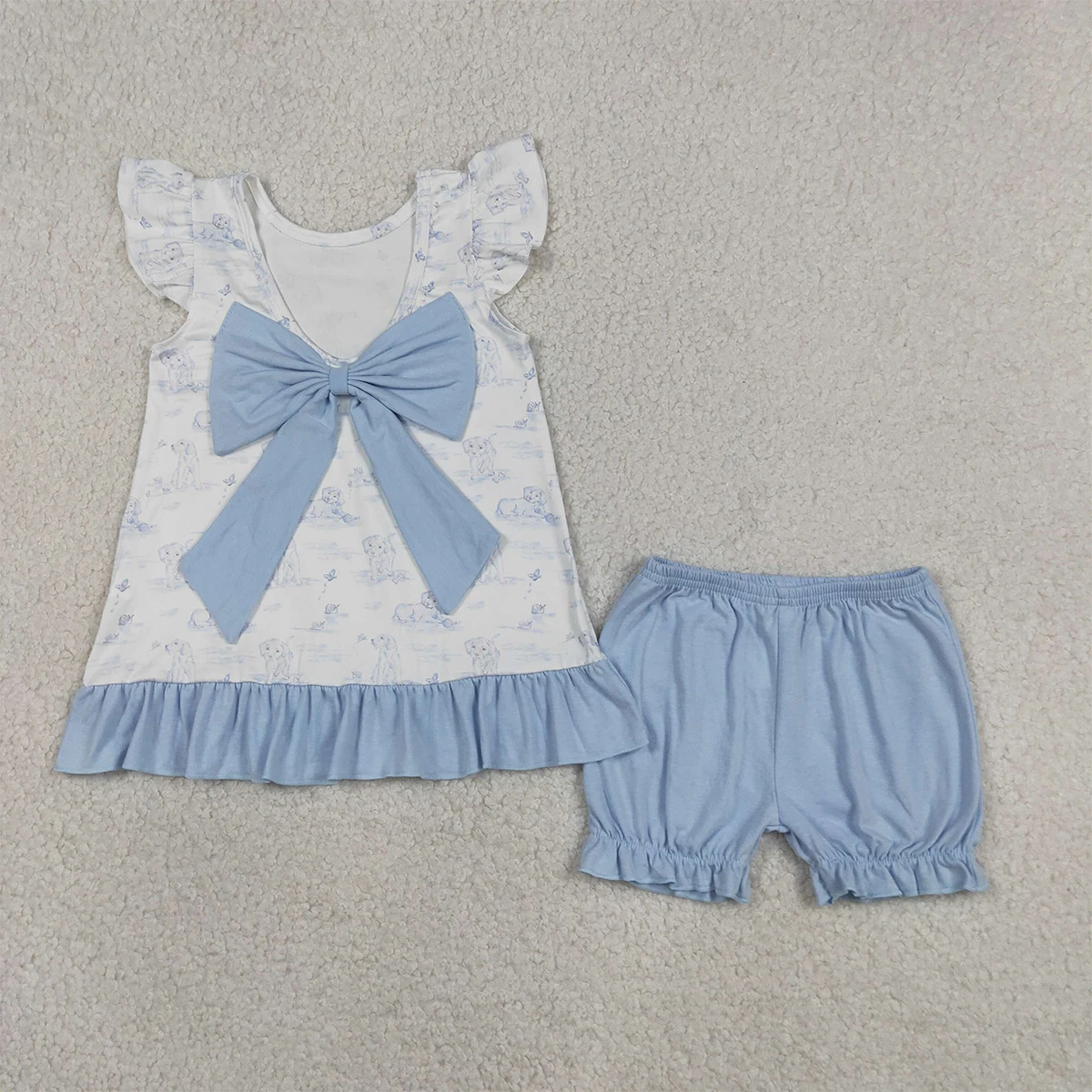 Children Summer Sets Toddler Flutter Sleeve Dogs Butterfly Back Bow Tunic Ruffle Short Kids Clothes Baby Girl Clothing Wholesale