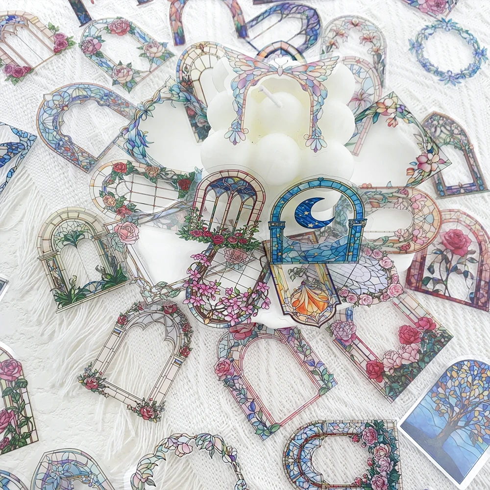 50 pçs retro floral espelho transparente pet adesivos decalques para portátil scrapbook skate guitarra diy criativo adesivos estéticos