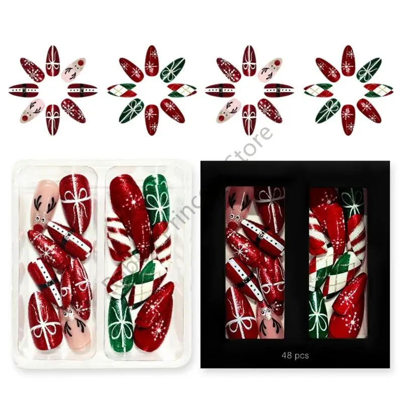 BX0F Festivo design scozzese rosso verde stampa unghie 48 pezzi/set pupazzo neve fiocco neve art