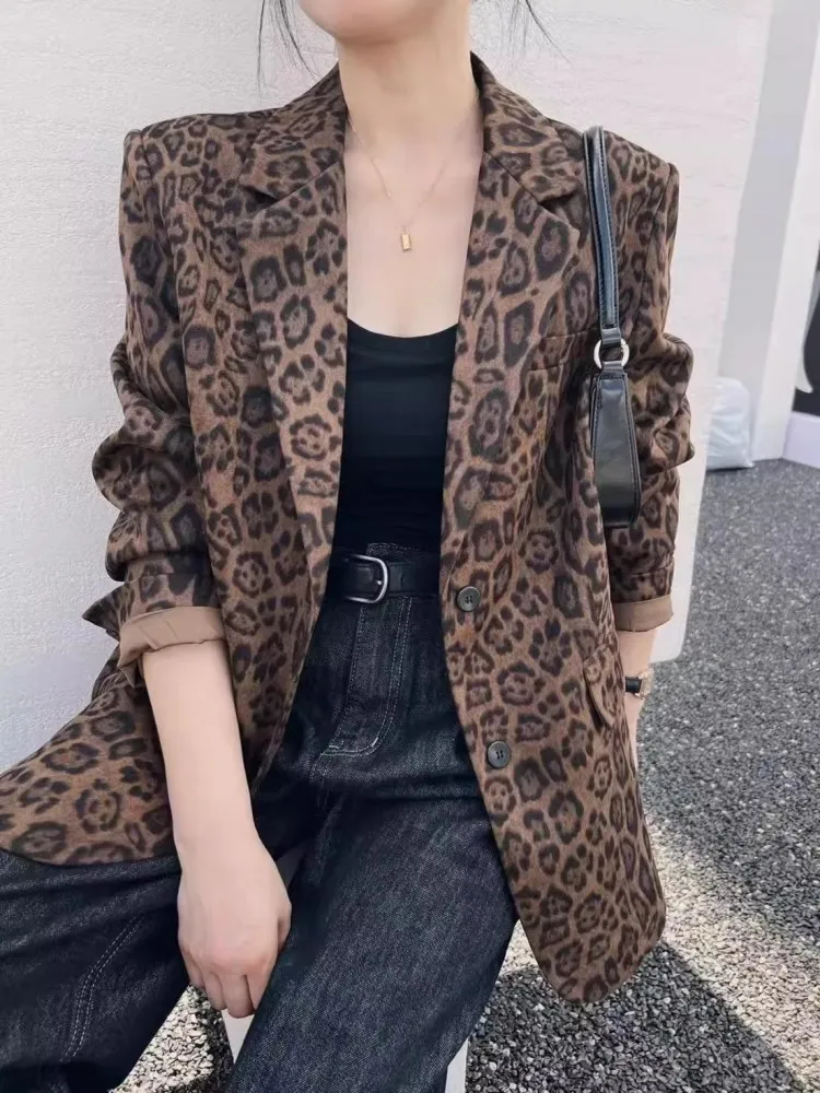 Retro Medium To Long Leopard Print Suit Jacket For Women, 2024 Autumn And Winter New Style, High-End And Stylish Top