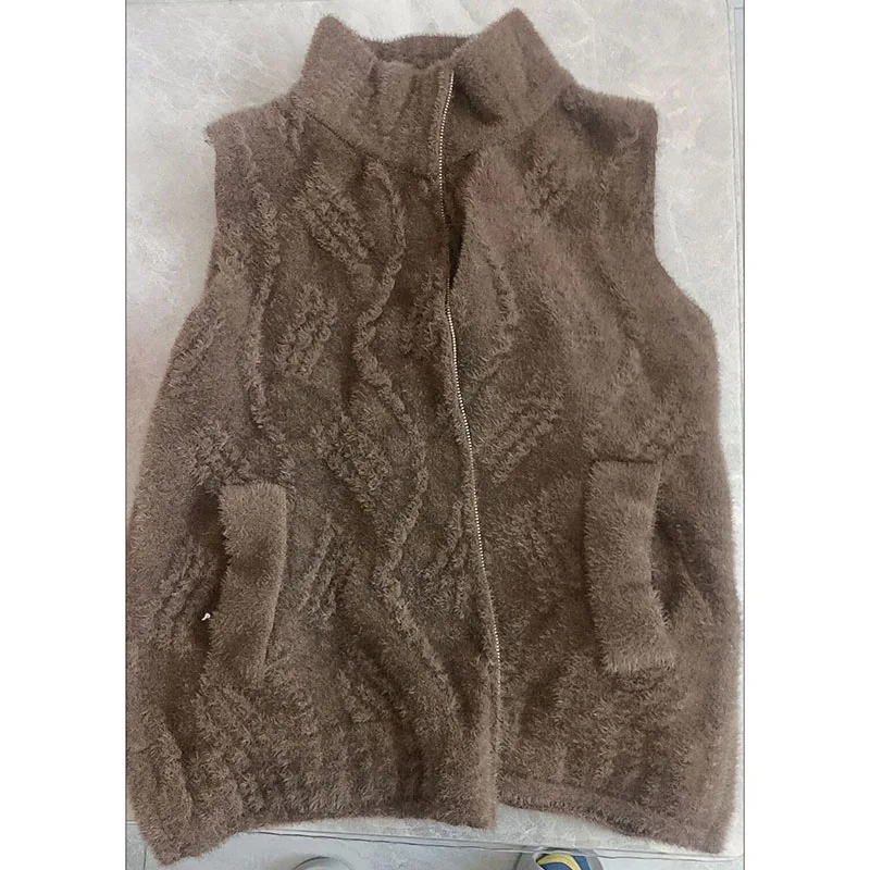 

Spring Autumn Mother Vest New Zipper Sleeveless Jacket Middle-aged Women Imitation Mink Velvet Sweater Cardigan Knitted Coat
