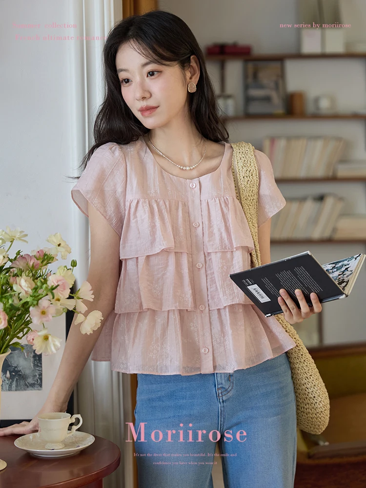 

Розовая женская летняя винтажная свободная блузка Moriirose с круглым вырезом, плиссированными рукавами-лепестками и принтом