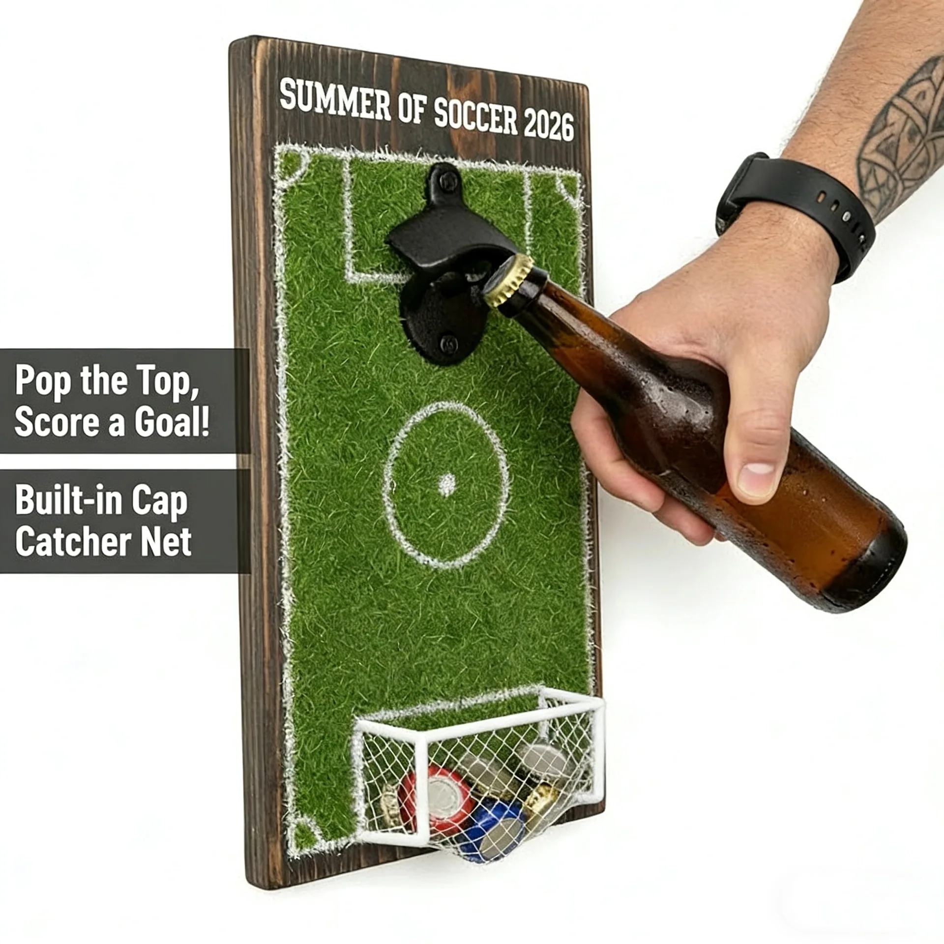 Soccer Field Bottle Opener Wall Decor, Magnetic Wall Mounted Beer Bottle Opener With Cap Catcher, Wooden Soccer Field Sign