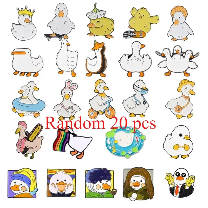 20pcs Metal Enamel Pins Duck Cute White Goose Series Set Design Badges Brooch for Backpack Clothes Decorate Jewelry Gift