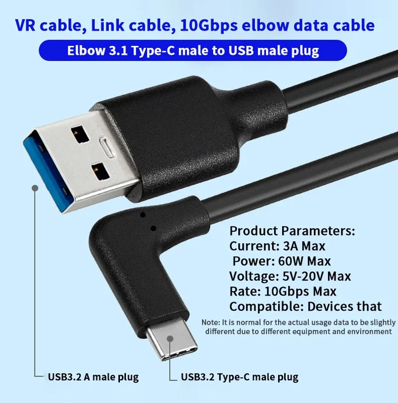 USB3.2 Gen 2 Cable 10Gbps USB A to USB C 3A Fast Charging Elbow 1m 2m 3m for Oculus Quest 1/2 VR Link Type C Cable Camera Line