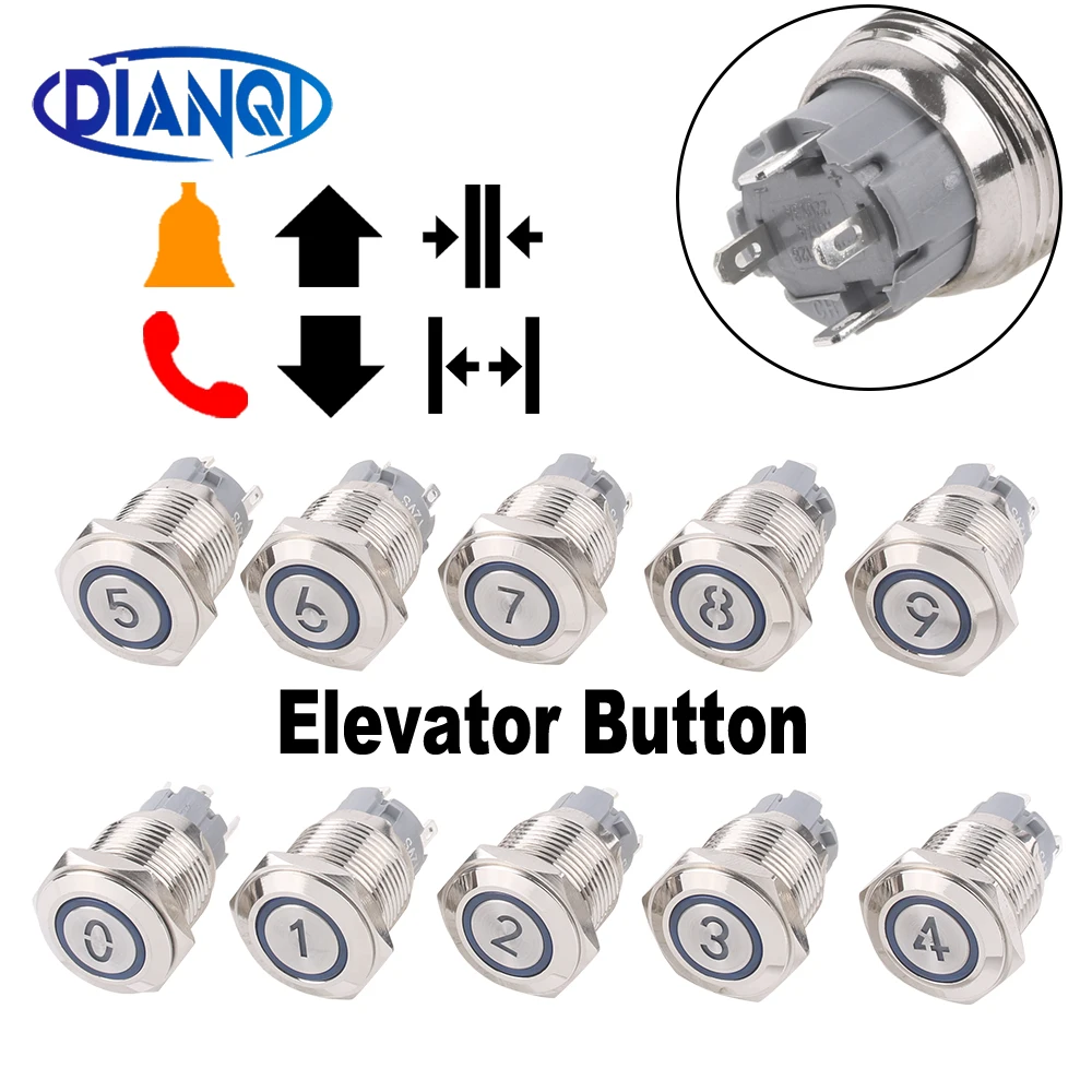 16/19/22mm Momentary Reset Waterproof Number Letter 0 1 2 3 4 5 6 7 8 9 10 Metal Push Button Switch Led Elevator Lift Alarm bell