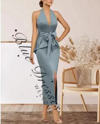 customized V-Neck Sheath/Column Sleeveless Tea-Length Split Front Mother Of The Bride Dresses With Pleats Bow