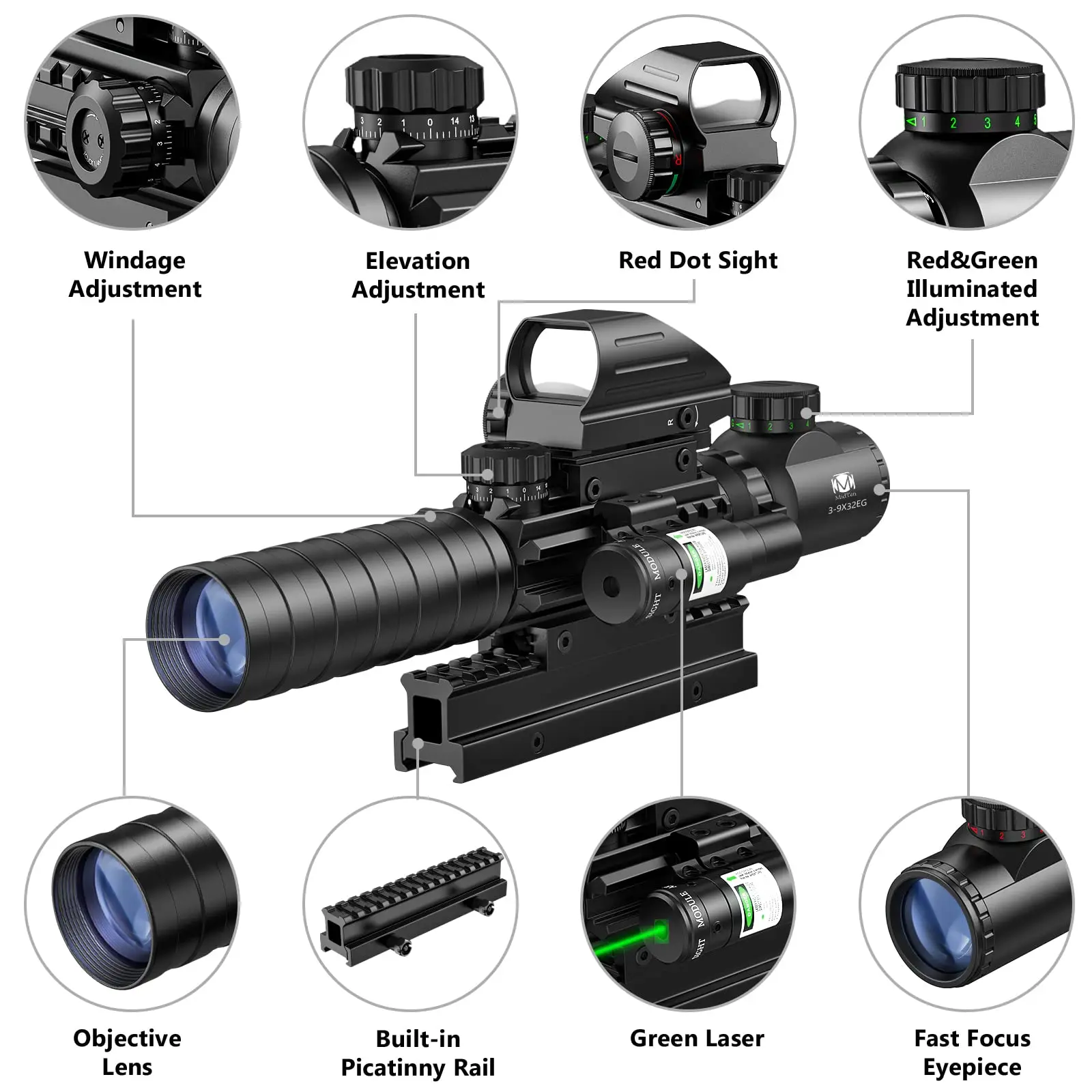 MidTen Riflescope Scope Combo 3-9x32 Set 4 Holographic Reticle Green Dot Sight IIIA/2MW Laser 20mm Mount Dual Illuminated Huntin