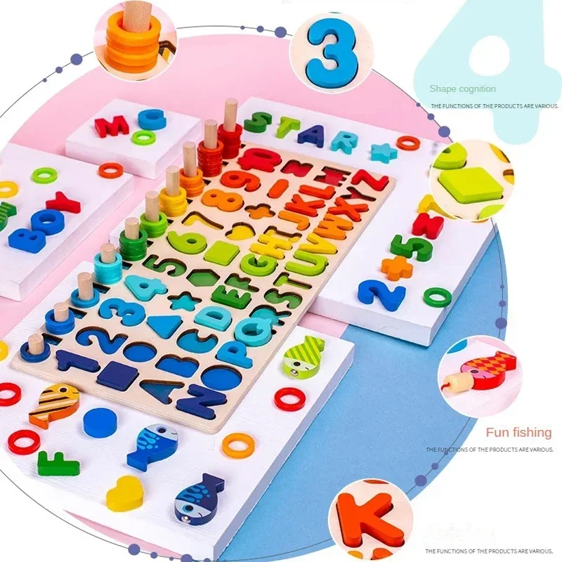 Montessori Educatief Houten Rekenspeelgoed Kleuters Druk Bord Tellen Vorm Kleuren Match Vissen Puzzel Leren Speelgoed Cadeau