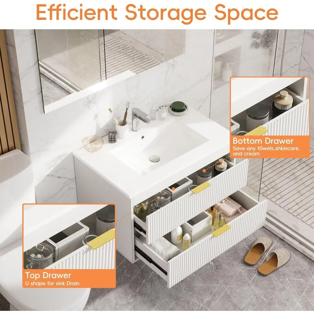 Meja Rias Kamar Mandi Mengambang 30 ''dengan Wastafel, Meja Rias Mengambang Kamar Mandi Terpasang Di Dinding dengan Wastafel Keramik, 2 Laci, Pintu Tutup Lembut