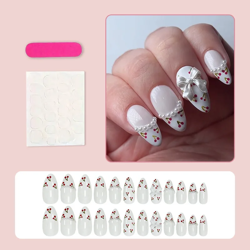 24 قطعة من الأظافر المزيفة على شكل اللوز لعيد الحب مع نصائح فرنسية بيضاء، نمط جديد ورقيق، أظافر ضغط مثالية للفتيات