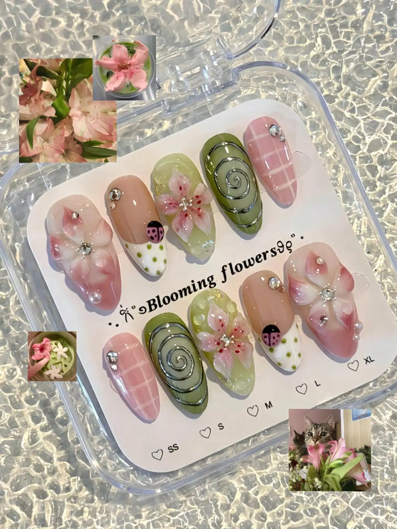 10pcs Y2K Style Press-On Nails, 3D Flower, Ladybug & Plaid Pattern, Medium Almond Shape Acrylic Nails, Suitable For Summer Vacation & Casual Gathering