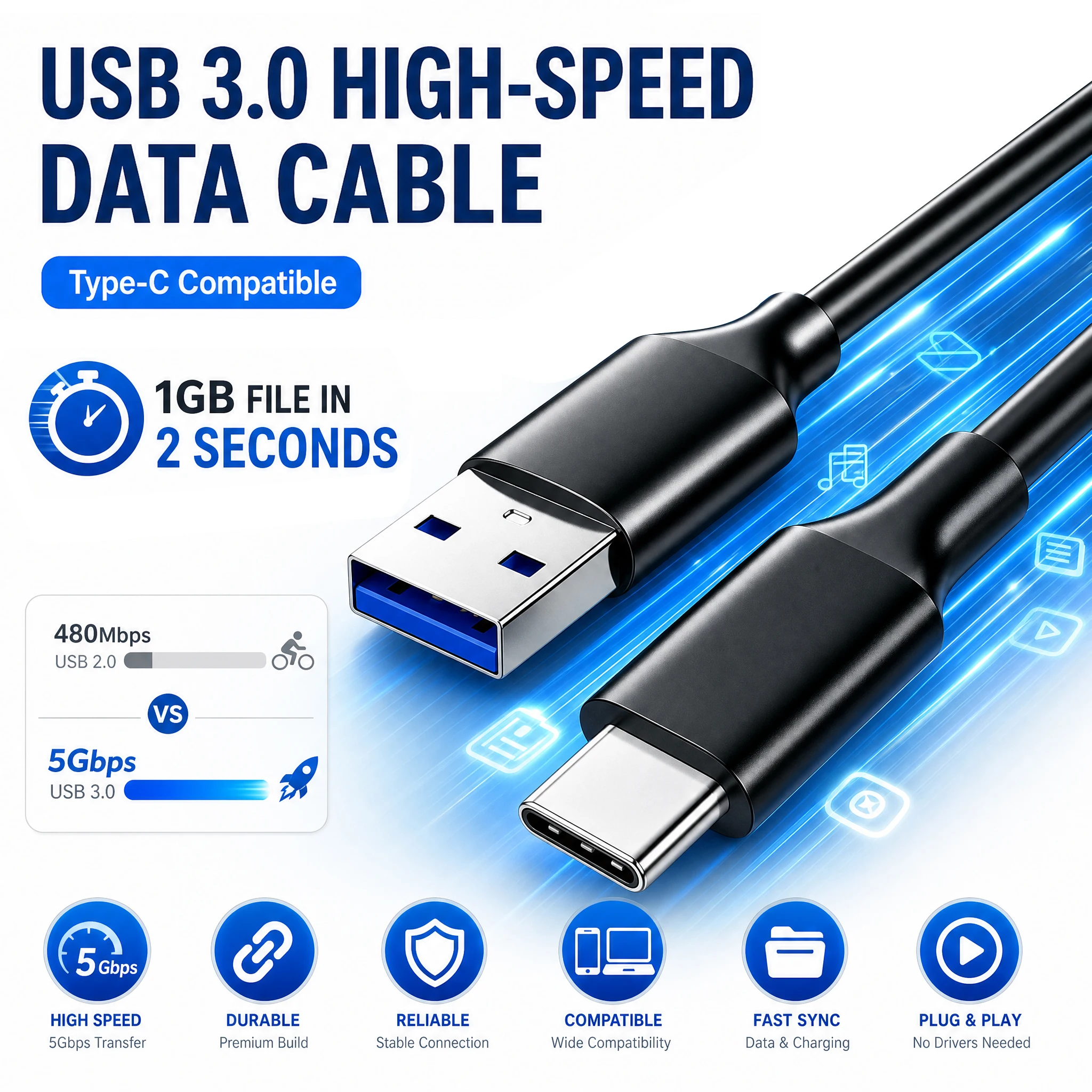 USB 3.0 USB A To Type‑C Cable 5Gbps High‑Speed Transfer Data Cable 1M 2M 3M 5M for USB‑C Smart Phone Tablet Laptop