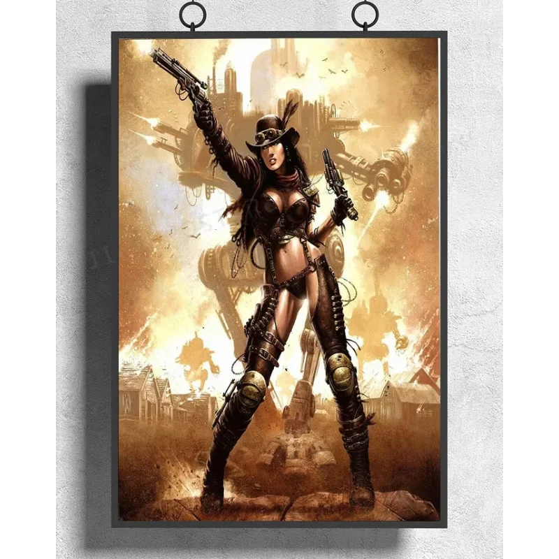 H057 steampunk woman with pistols hat longest side 11 Unframed Jk335 Wall Sticker Silk Poster Art Home Decoration