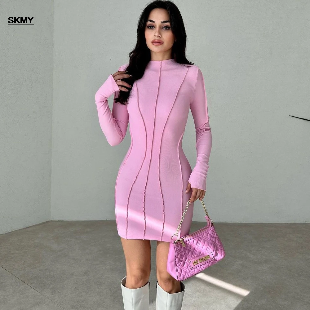 SKMY Women's 2024 Summer New High Collar Splicing Long Sleeve Tight Bag Hip Short Dress In Grey Pink