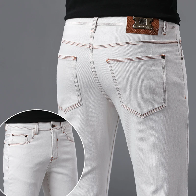 D625 High-end summer new thin section jeans champagne white Slim stretch versatile small straight trousers