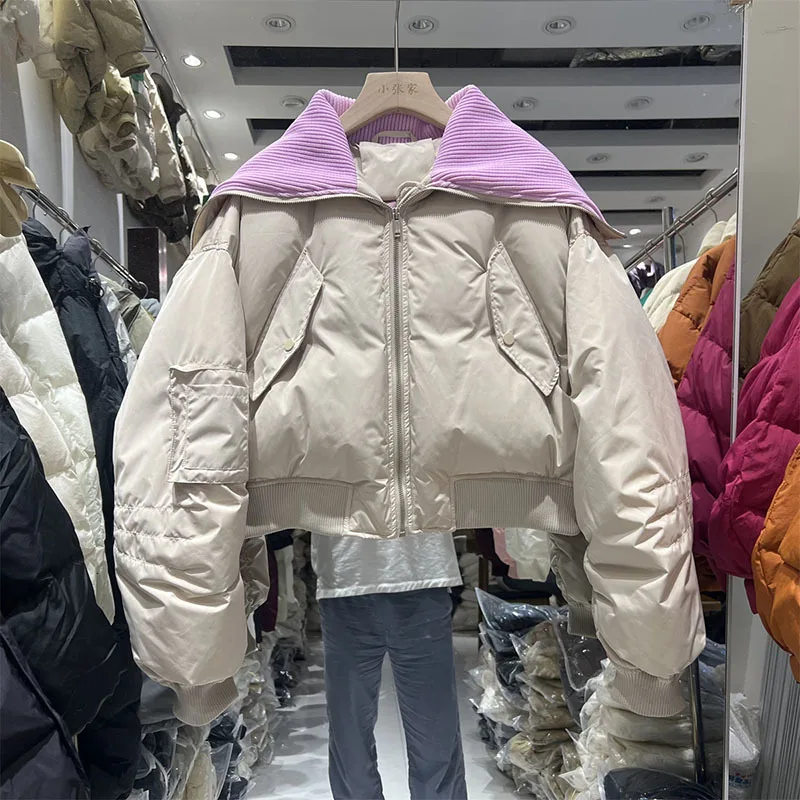 Short Down Jacket Women New Fashion Big Lapel Zipper Pink Down Coat Thickened Warm Puffer Parka Casual Winter Jacket Female