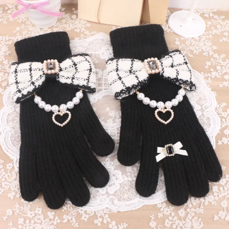 Big Bow Beaded Wool Knitted Winter Gloves Sweet Index Finger Middle Finger Opening Touch Screen Split Finger Gloves for Women