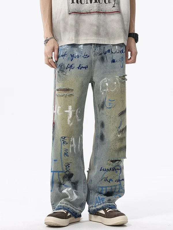 

Модные мужские джинсы с принтом, весенне-осенние, свободные, прямого кроя, широкие, повседневные, длинные брюки, молодежная одежда, джинсы с эффектом потертости