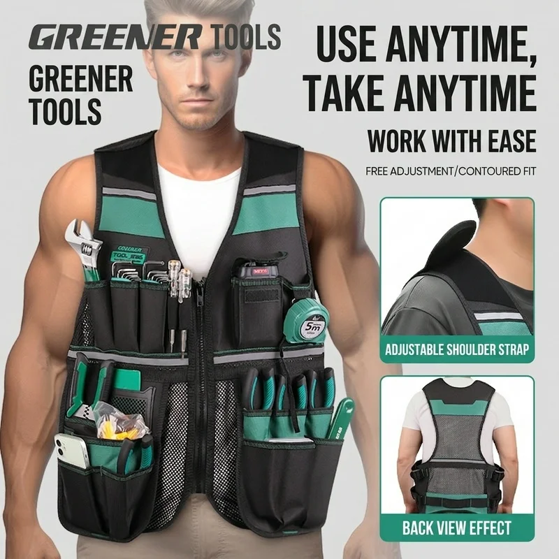 

Tool Vest for Men with Pouches and Belt, Adjustable Multi-Pocket Safety Tool Vest for Electrician, Carpenter(Black)