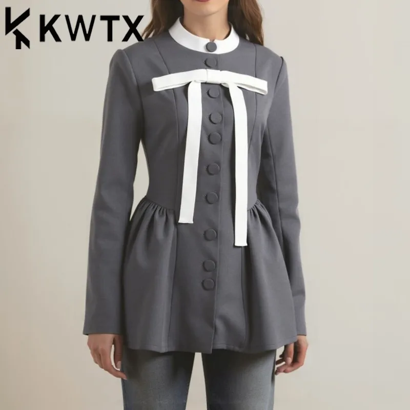 

KWTX женский однотонный однобортный пиджак с галстуком-бабочкой на талии, расклешенный подол, плиссированный, элегантный, весна-лето, мода 2023 г.