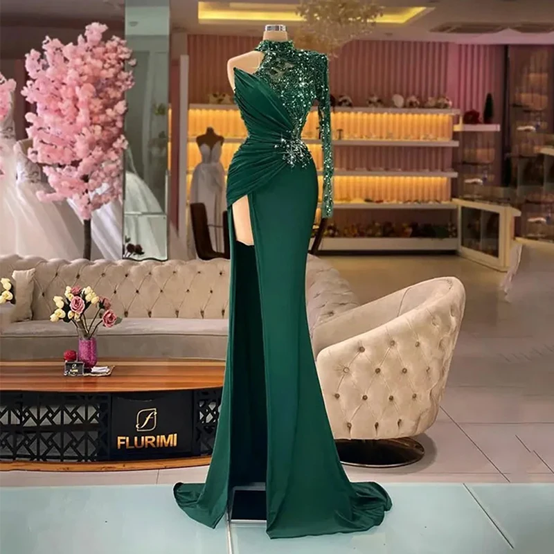 Vestidos de noite verde-oliva, sereia, um ombro, manga comprida, lado sexy alta divisão, moda princesa, vestidos de baile formais celebridades