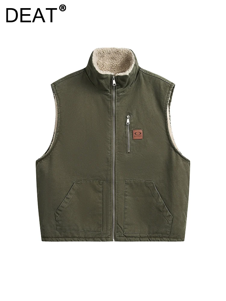 DEAT Fashion Women's Plush Vest Turtleneck Loose Zipper Pockets Thick Warm Army Green Outwear Waistcoat Winter 2024 New CPG2309