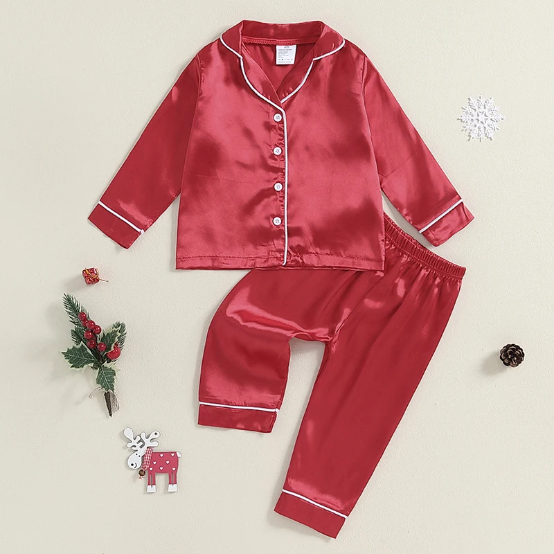 Baby Girls Boys Silk Pajamas Set Solid Long Sleeve Button Down Shirts Tops and Pants Infant Satin Pj Lounge Sets