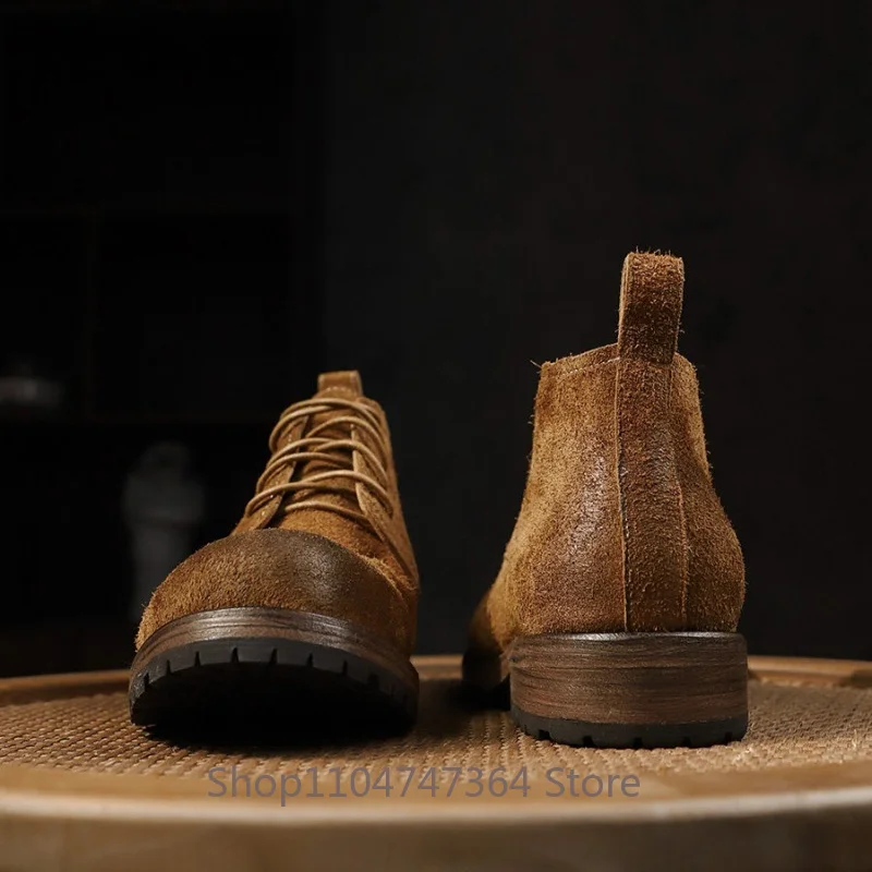Vintage Western Brown Genuine Leather Suede Ankle Boots Men Lace-up Design Classic Work Outdoor Walking Casual Knight Boots Male