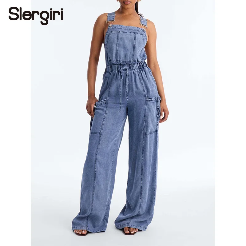 

Slergiri Sexy Tie Backless Denim Overall Jumpsuit Women Fashion New 2026 Summer Drawstring Waist Pockets Casual Wide Leg Pants