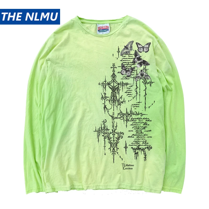 2026 New Vintage Distressed Long Sleeve T-Shirt Unisex Washed Ripped Punk Butterfly Print 100% Cotton Loose Tee Green Blue