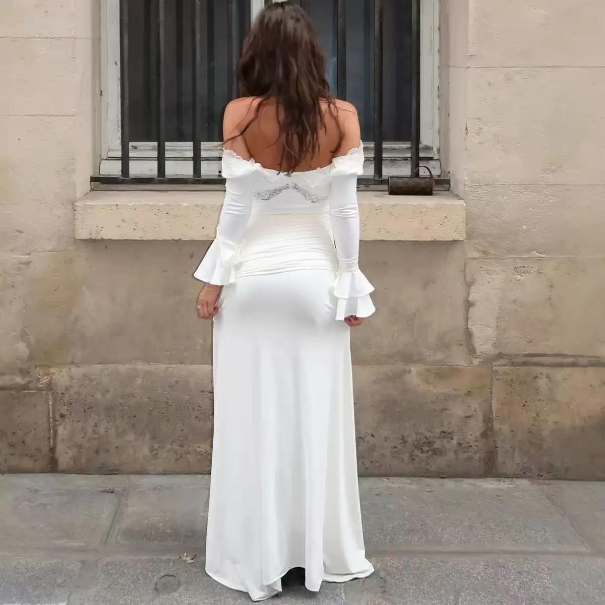 2025 Autumn Long Sleeve Sexy Maxi Dress For Women Fashion Lace Patchwork V Neck Backless Draped Ruched Club Party Long Dress - Image 6